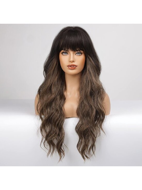 Women\'s Ombre Brown Heat Resistant Long Curly Wavy Synthetic Wig Bang Size 26In main image 3